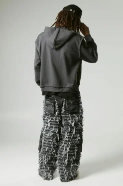 Store boohooMAN Oversized Boxy Varsity Raw Edge Zip Through Loopback Hoodie charcoal