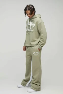 Hot boohooMAN Oversized Boxy Varsity Worldwide Printed Raw Hem Flare Hooded Tracksuit khaki