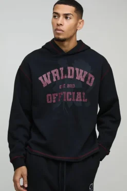 New boohooMAN Oversized Boxy Varsity Worldwide Printed Raw Hem Hoodie black