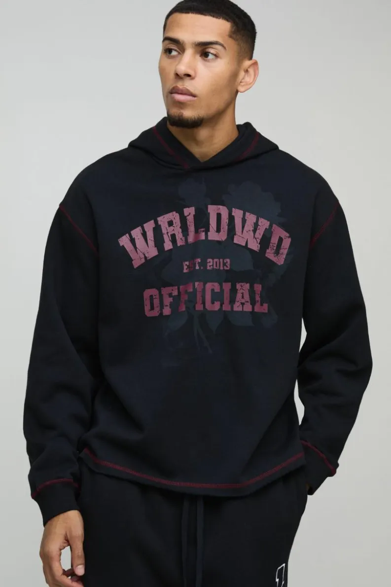 New boohooMAN Oversized Boxy Varsity Worldwide Printed Raw Hem Hoodie black