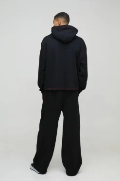 New boohooMAN Oversized Boxy Varsity Worldwide Printed Raw Hem Hoodie black