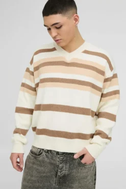Sale boohooMAN Oversized Boxy V Neck Brushed Stripe Knitted Jumper white