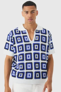 Flash Sale boohooMAN Oversized Boxy V Neck Crochet Knit Polo white