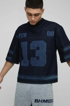 Shop boohooMAN Oversized Boxy V Neck Laser Print Football Top indigo