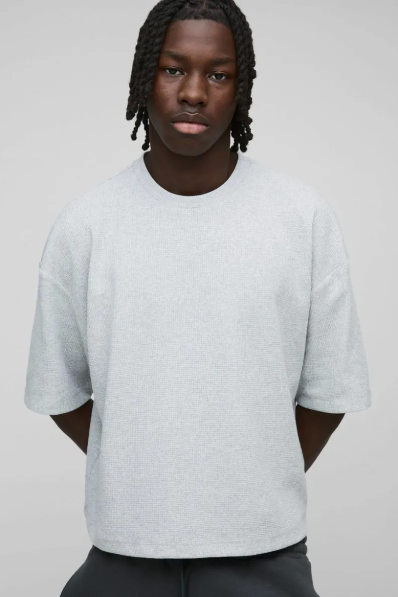 Sale boohooMAN Oversized Boxy Waffle Jersey T-Shirt grey