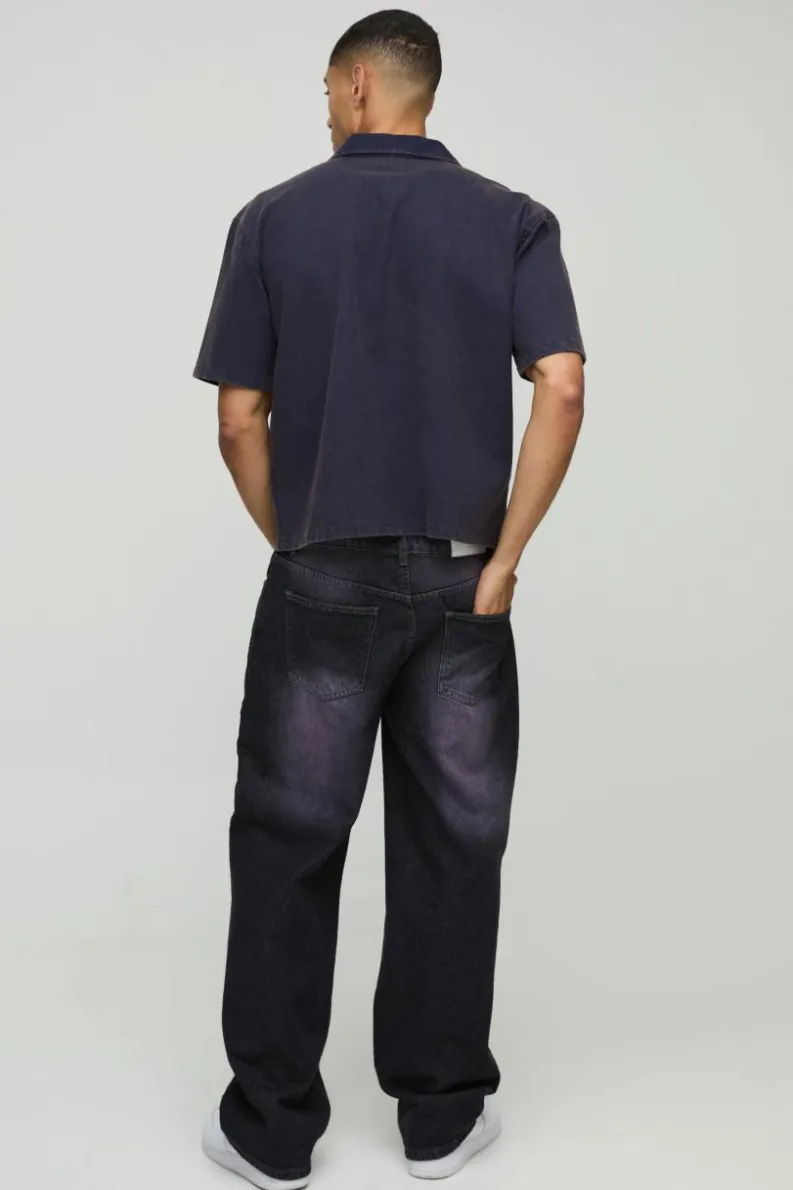 Cheap boohooMAN Oversized Boxy Washed Flame Applique Washed Shirt navy