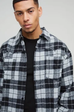 Outlet boohooMAN Oversized Boxy Western Check Collared Shirt beige