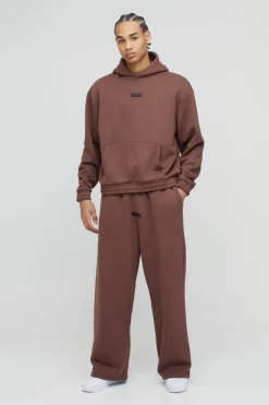 Cheap boohooMAN Oversized Boxy Wide Leg Hooded Tracksuit With Rubber Badge chocolate
