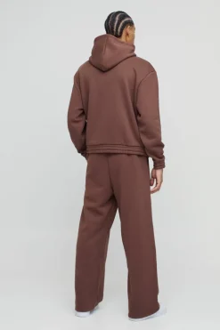 Cheap boohooMAN Oversized Boxy Wide Leg Hooded Tracksuit With Rubber Badge chocolate