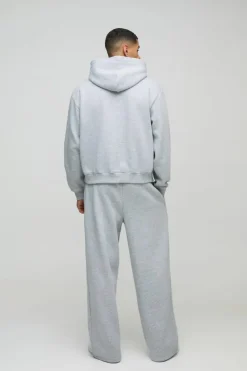 Hot boohooMAN Oversized Boxy Worldwide Distressed Applique Hooded Tracksuit grey marl