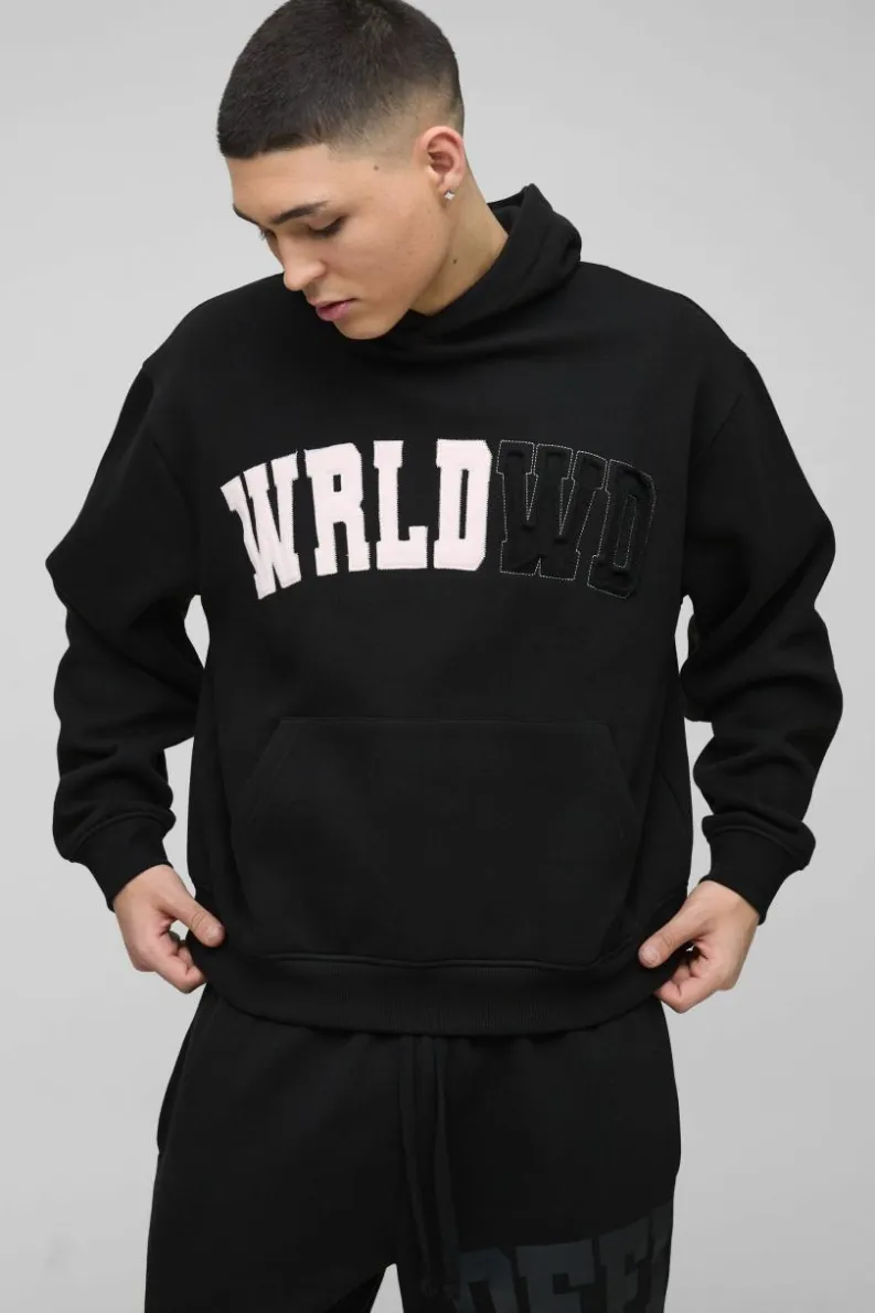 Cheap boohooMAN Oversized Boxy Worldwide Distressed Applique Hoodie black