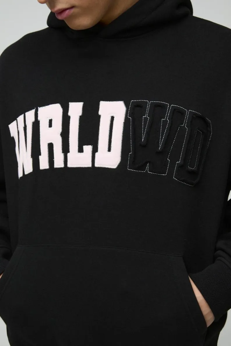 Cheap boohooMAN Oversized Boxy Worldwide Distressed Applique Hoodie black