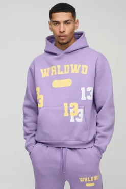 Cheap boohooMAN Oversized Boxy Worldwide 13 Embroidered Varsity Tracksuit purple
