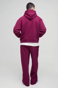 Clearance boohooMAN Oversized Boxy Worldwide Print Hooded Tracksuit burgundy