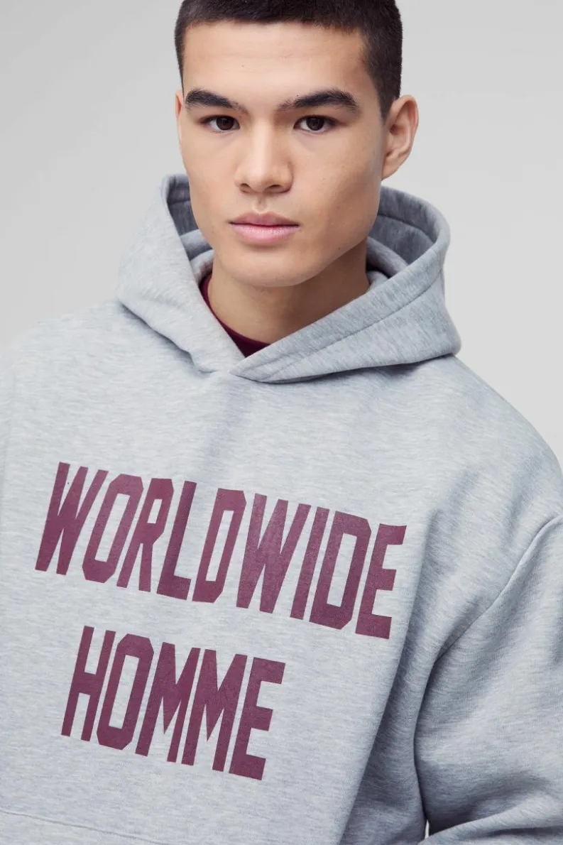 Best boohooMAN Oversized Boxy Worldwide Print Hoodie grey marl