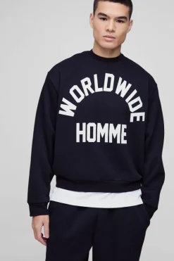 Clearance boohooMAN Oversized Boxy Worldwide Print Sweatshirt black
