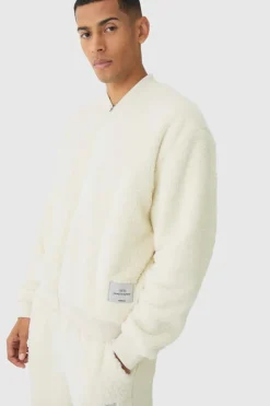 Cheap boohooMAN Oversized Boxy Woven Label Teddy Borg Bomber Jacket ecru