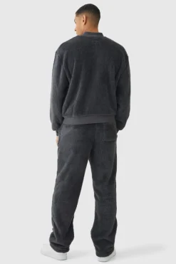 Clearance boohooMAN Oversized Boxy Woven Label Teddy Borg Bomber Jacket charcoal