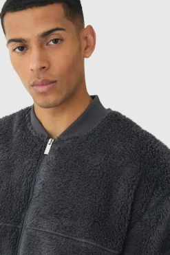 Clearance boohooMAN Oversized Boxy Woven Label Teddy Borg Bomber Jacket charcoal