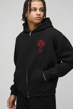 Discount boohooMAN Oversized Boxy Zip Through Embroidered Gothic Cross Hoodie black