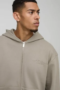 Fashion boohooMAN Oversized Boxy Zip Through Heavyweight Hooded Tracksuit stone