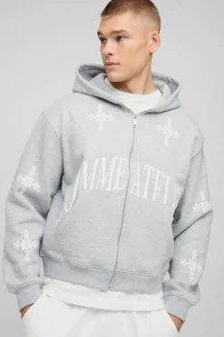 Hot boohooMAN Oversized Boxy Zip Through Homme Print Cross Hoodie grey marl