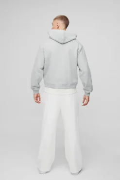 Hot boohooMAN Oversized Boxy Zip Through Homme Print Cross Hoodie grey marl