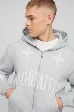 Hot boohooMAN Oversized Boxy Zip Through Homme Print Cross Hoodie grey marl