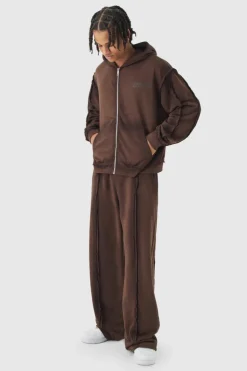 Best boohooMAN Oversized Boxy Zip Through Loopback Hoodie And Wide Jogger Tracksuit brown