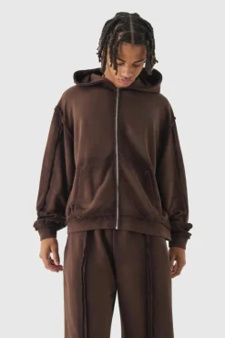 Best boohooMAN Oversized Boxy Zip Through Loopback Hoodie And Wide Jogger Tracksuit brown