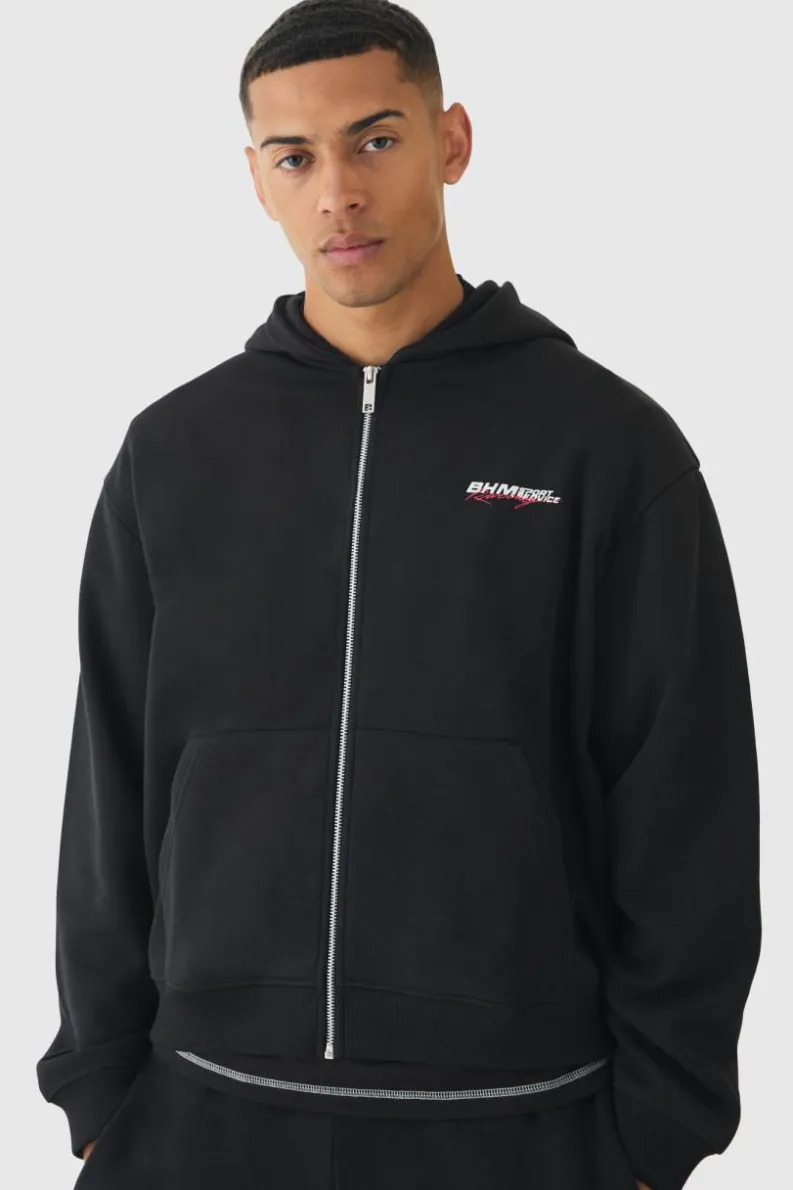 Cheap boohooMAN Oversized Boxy Zip Through Moto Print Hoodie black