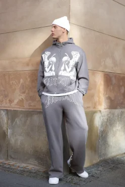 New boohooMAN Oversized Boxy Zip Through Renaissance Graphic Hooded Tracksuit charcoal