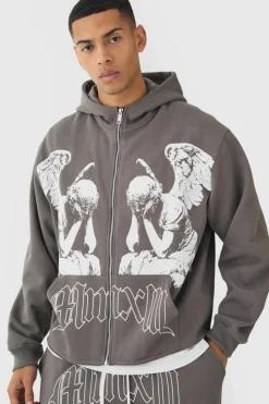 New boohooMAN Oversized Boxy Zip Through Renaissance Graphic Hooded Tracksuit charcoal