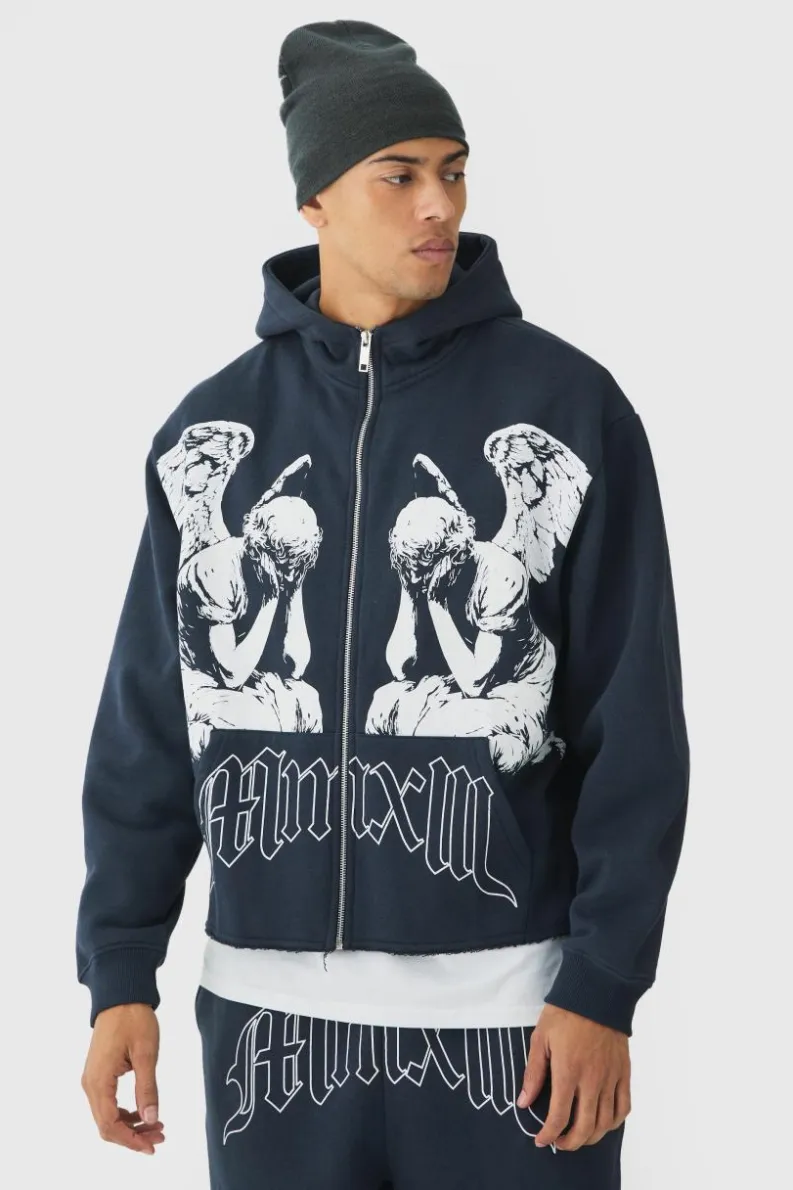 Best boohooMAN Oversized Boxy Zip Through Renaissance Graphic Hoodie slate blue