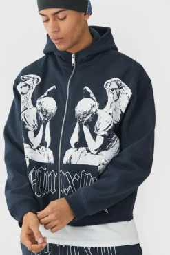 Best boohooMAN Oversized Boxy Zip Through Renaissance Graphic Hoodie slate blue