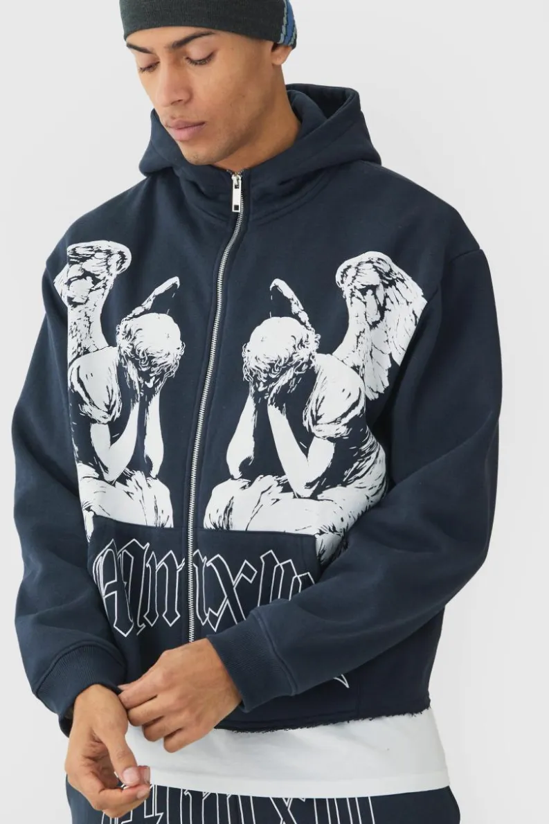 Best boohooMAN Oversized Boxy Zip Through Renaissance Graphic Hoodie slate blue