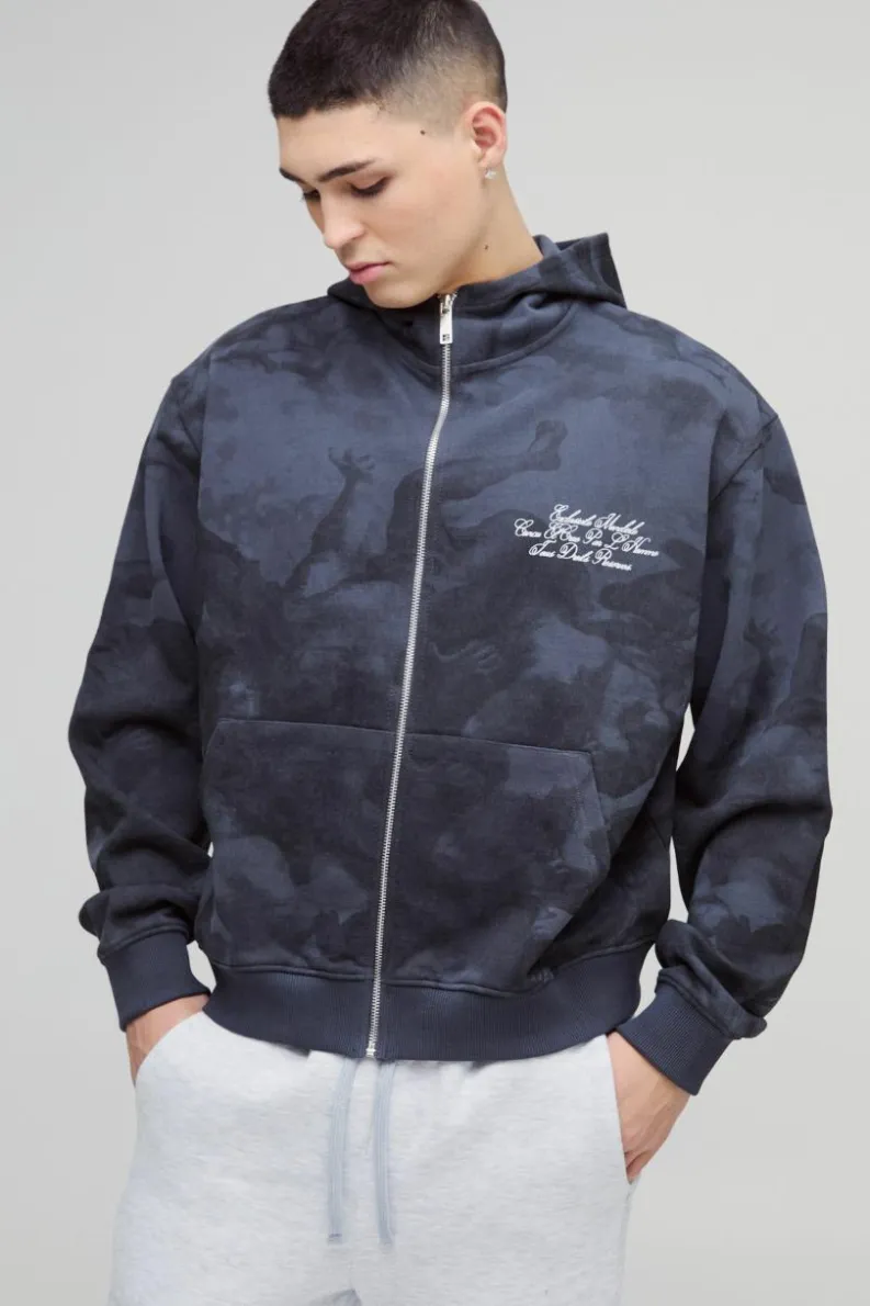 Shop boohooMAN Oversized Boxy Zip Through Renaissance Print Hoodie charcoal