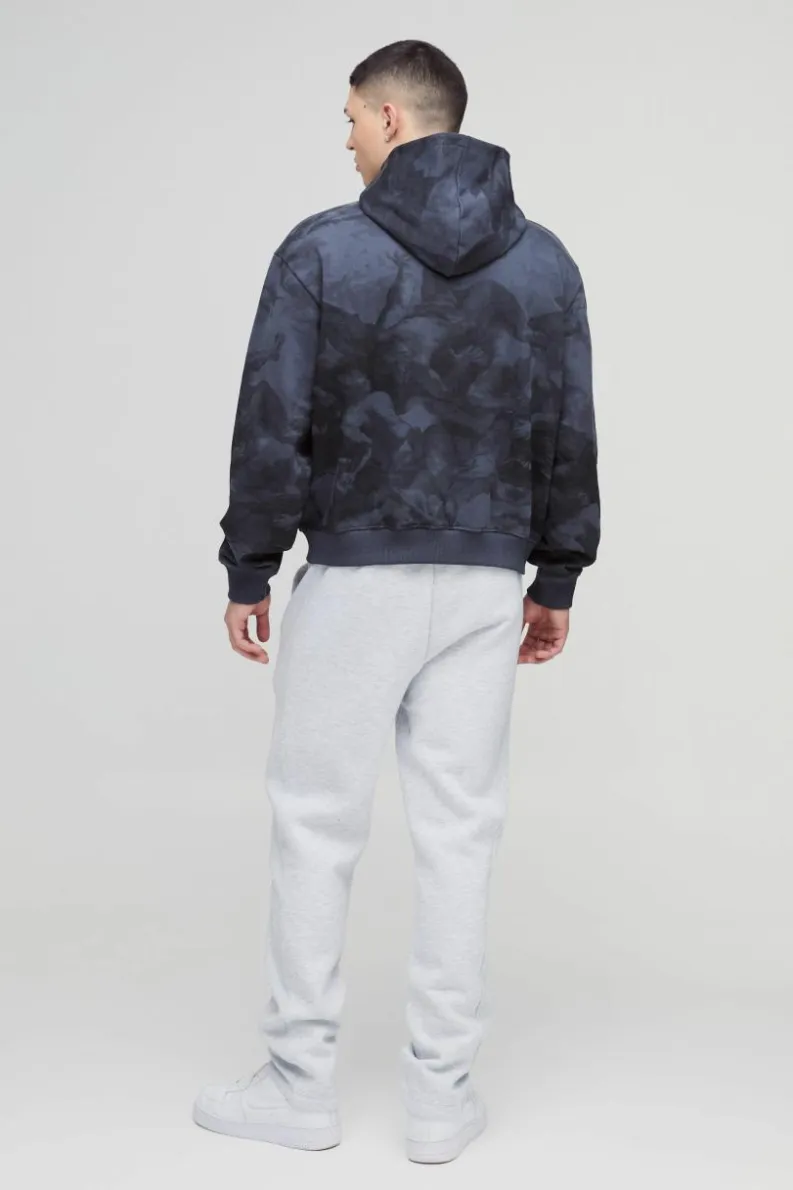 Shop boohooMAN Oversized Boxy Zip Through Renaissance Print Hoodie charcoal