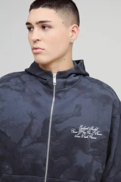 Shop boohooMAN Oversized Boxy Zip Through Renaissance Print Hoodie charcoal
