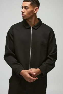 Clearance boohooMAN Oversized Boxy Zip Through Scuba Shirt black