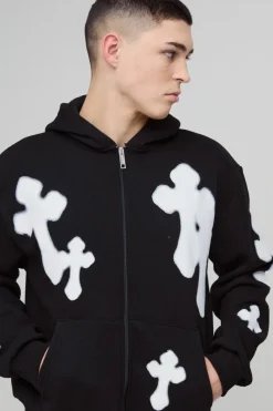 Clearance boohooMAN Oversized Boxy Zip Through Spray Cross Tracksuit black