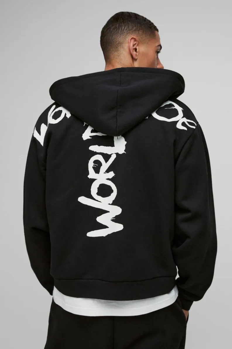 New boohooMAN Oversized Boxy Zip Through Worldwide Graffiti Print Zip Through Hoodie black