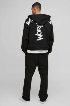 New boohooMAN Oversized Boxy Zip Through Worldwide Graffiti Print Zip Through Hoodie black