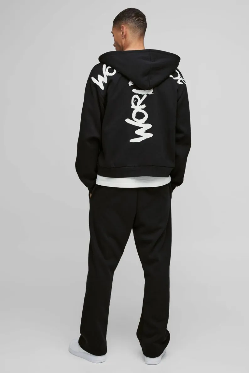 New boohooMAN Oversized Boxy Zip Through Worldwide Graffiti Print Zip Through Hoodie black