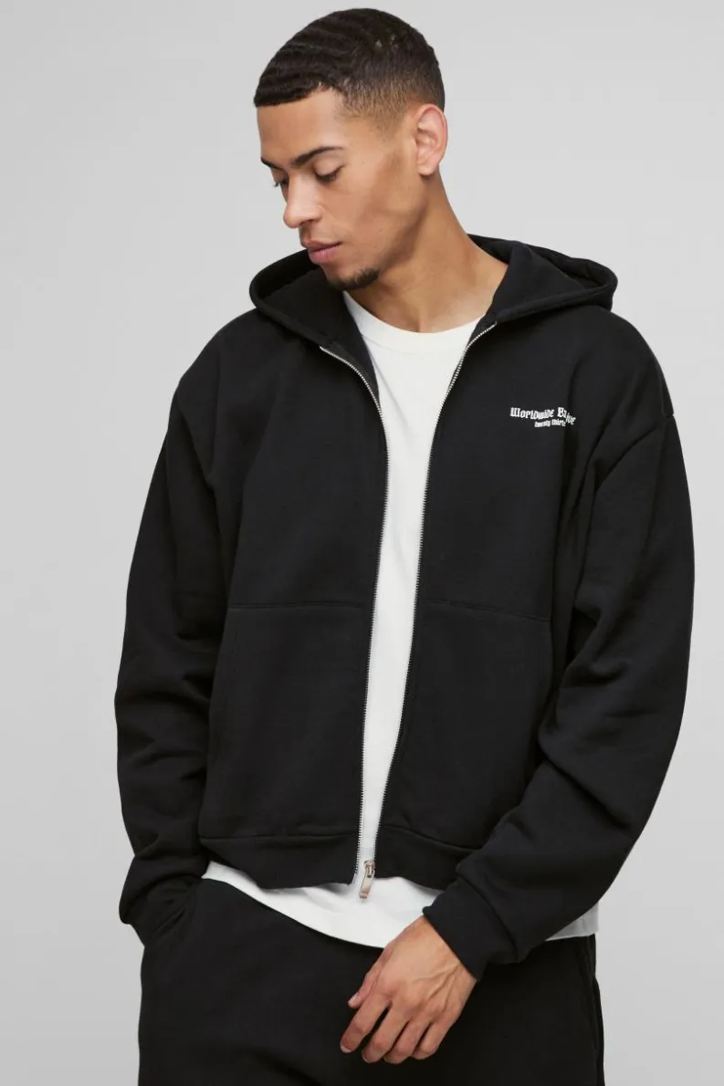 New boohooMAN Oversized Boxy Zip Through Worldwide Graffiti Print Zip Through Hoodie black