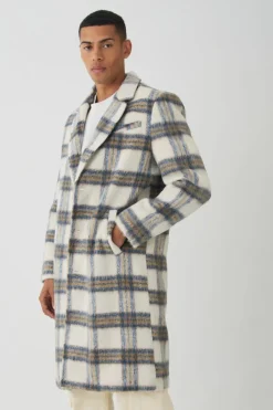 Best Sale boohooMAN Oversized Brushed Check Overcoat In ecru