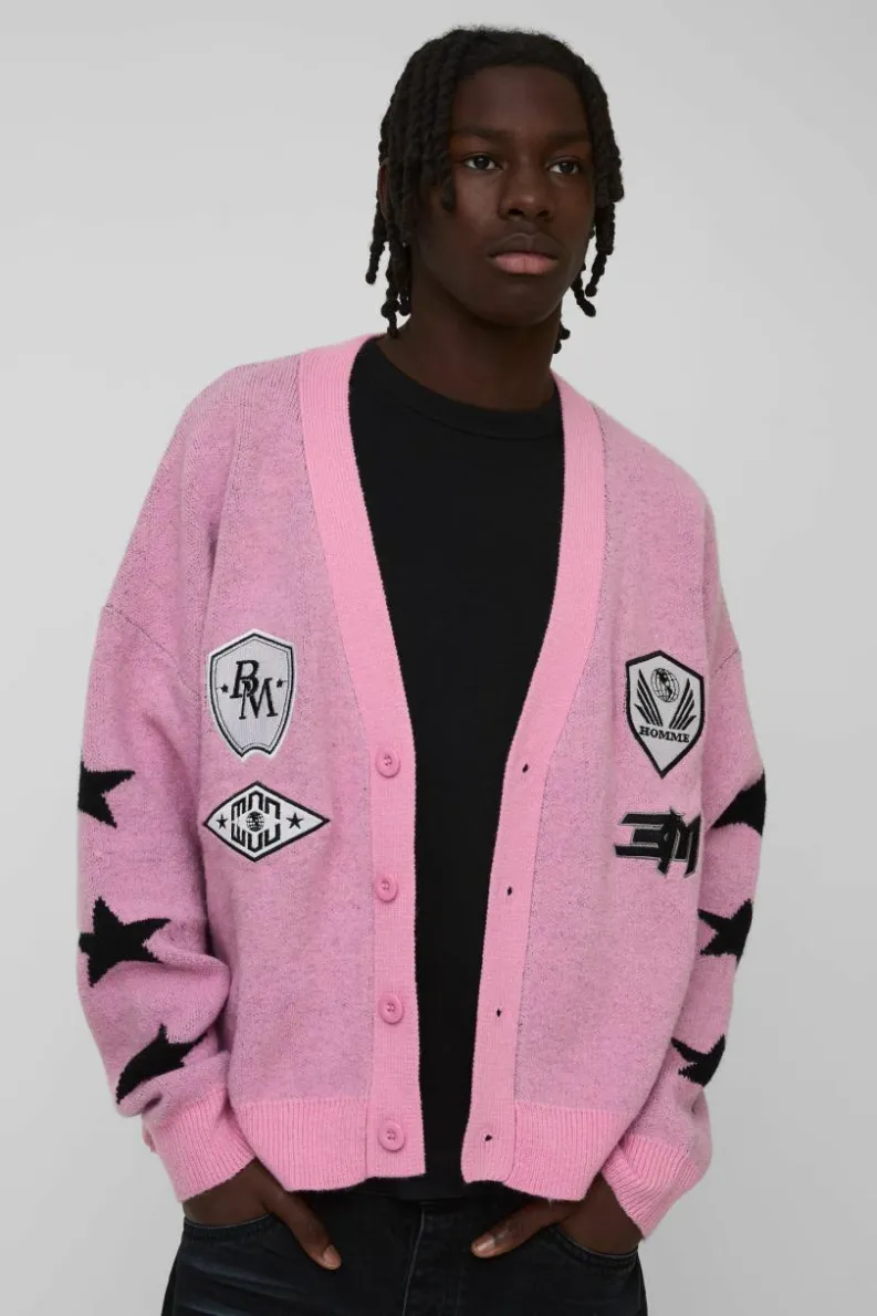 New boohooMAN Oversized Brushed Moto Knitted Cardigan pink