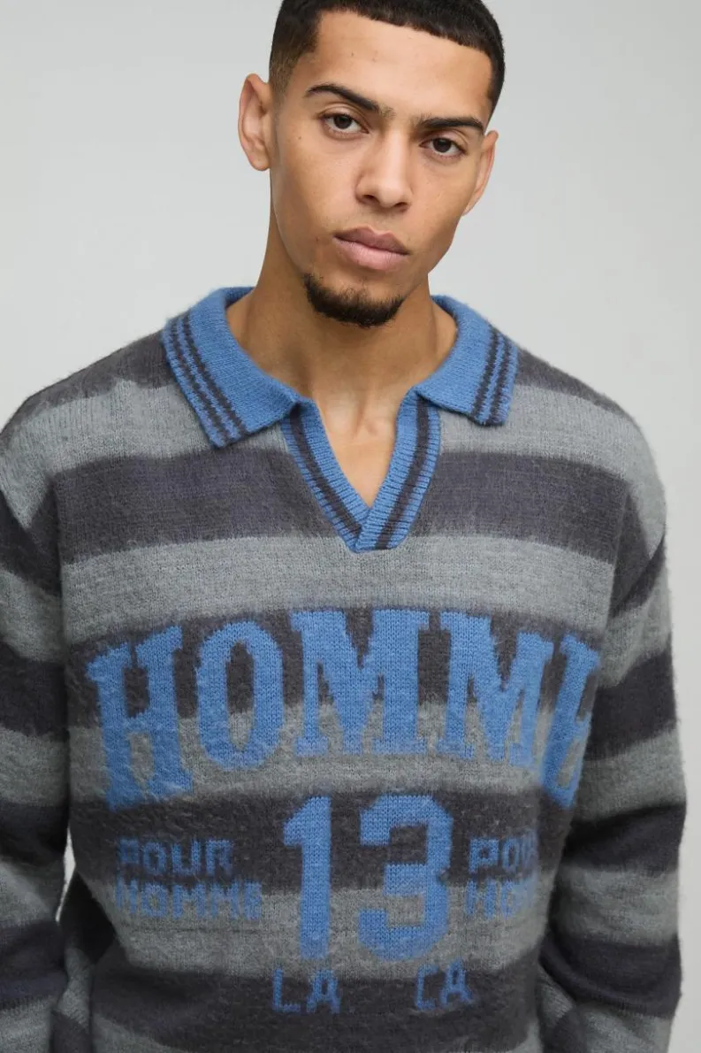 Online boohooMAN Oversized Brushed Striped V Neck Knit Polo grey