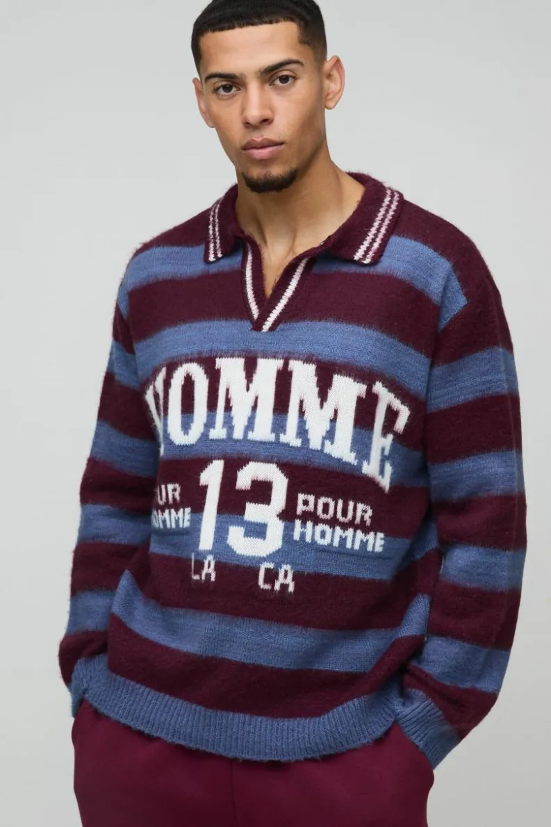 Flash Sale boohooMAN Oversized Brushed Striped V Neck Knit Polo burgundy