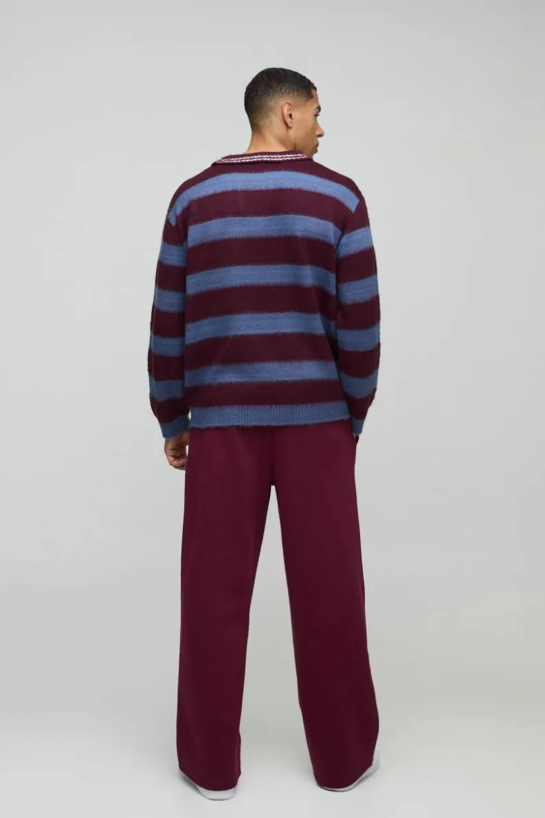 Flash Sale boohooMAN Oversized Brushed Striped V Neck Knit Polo burgundy